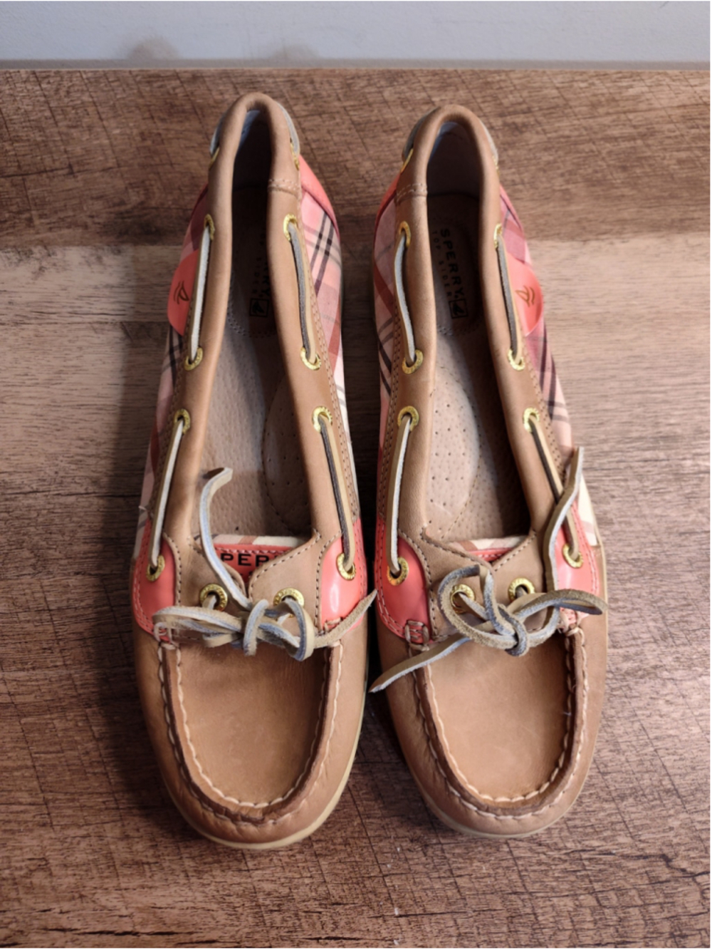 Women's Sperry Top-Sider Boat Shoes, Beige and Pink Plaid Size 7.5